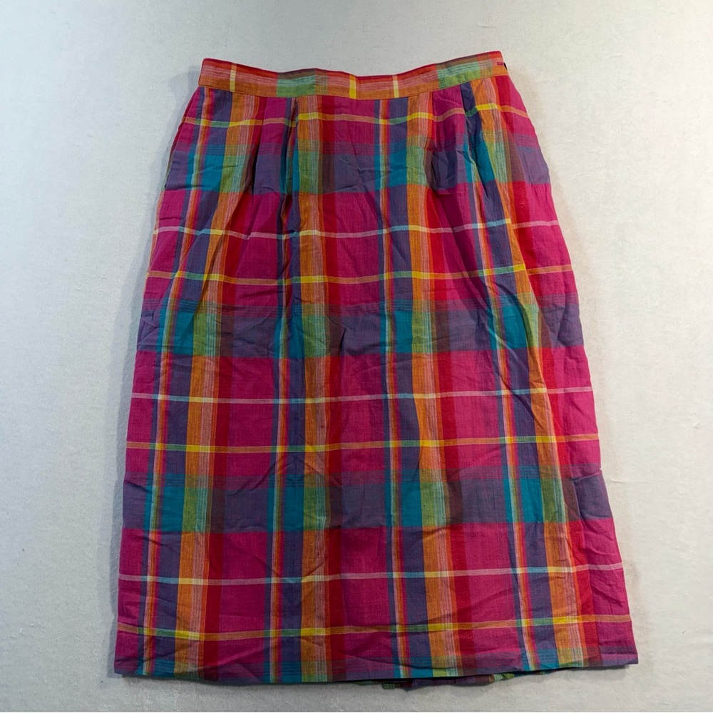 Vintage Preppy Boston Traders Pink Multi Plaid Midi Skirt
